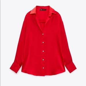 ZARA Red Satin Effect Basic Shirt